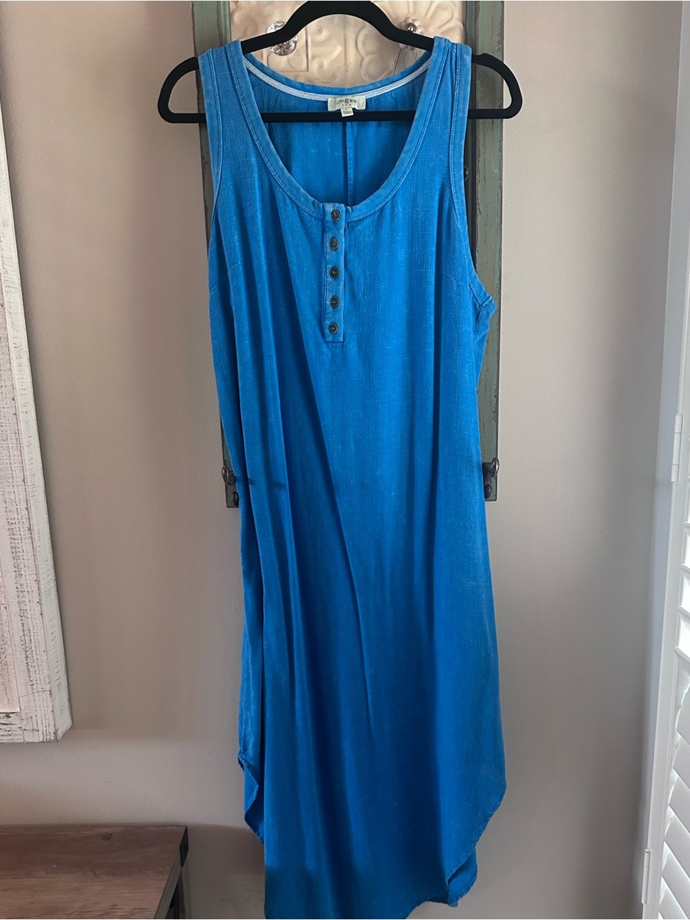 Umgee Linen Blend Sleeveless Henley Shift Dress Blue Size Large
